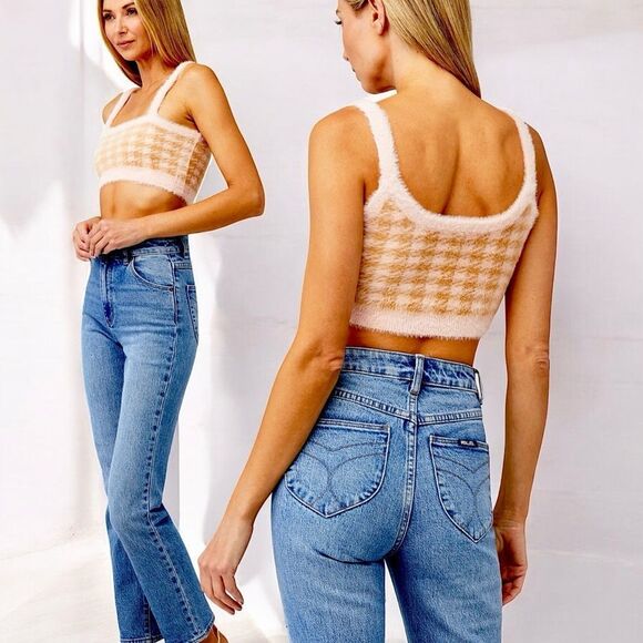 NWT For Love & Lemons Cher Crop Tops Sweater Tank Pink Cream - Size L/XL - Picture 1 of 16